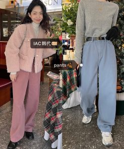 Deep Blue Spot Vintage Loose Wide Leg Cotton Pants in Soft Peach Pink & Baby Blue â€“ Y2K Korean Style Fashion