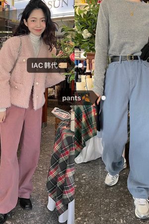Deep Blue Spot Vintage Loose Wide Leg Cotton Pants in Soft Peach Pink & Baby Blue â€“ Y2K Korean Style Fashion