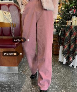 Deep Blue Spot Vintage Loose Wide Leg Cotton Pants in Soft Peach Pink & Baby Blue â€“ Y2K Korean Style Fashion