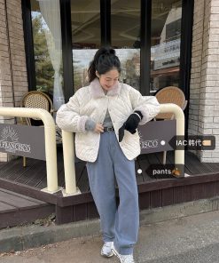 Deep Blue Spot Vintage Loose Wide Leg Cotton Pants in Soft Peach Pink & Baby Blue â€“ Y2K Korean Style Fashion