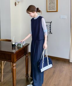 Deep Blue Vintage Three-Piece Set for Women - Korean Style Spring 2025, Petite Fit with Age-Reducing Wide-Leg Pants