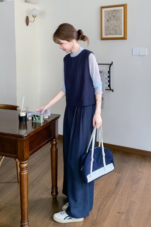 Deep Blue Vintage Three-Piece Set for Women - Korean Style Spring 2025, Petite Fit with Age-Reducing Wide-Leg Pants