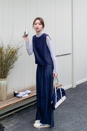 Deep Blue Vintage Three-Piece Set for Women - Korean Style Spring 2025, Petite Fit with Age-Reducing Wide-Leg Pants