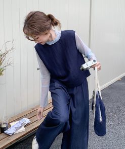 Deep Blue Vintage Three-Piece Set for Women - Korean Style Spring 2025, Petite Fit with Age-Reducing Wide-Leg Pants