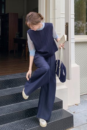 Deep Blue Vintage Three-Piece Set for Women - Korean Style Spring 2025, Petite Fit with Age-Reducing Wide-Leg Pants