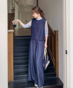 Deep Blue Vintage Three-Piece Set for Women - Korean Style Spring 2025, Petite Fit with Age-Reducing Wide-Leg Pants