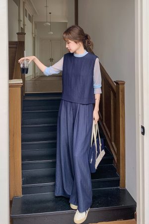 Deep Blue Vintage Three-Piece Set for Women - Korean Style Spring 2025, Petite Fit with Age-Reducing Wide-Leg Pants