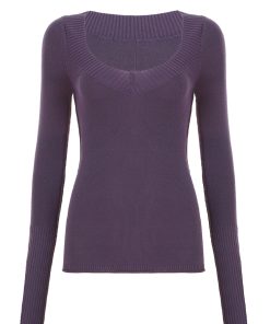 Deep V-Neck Purple Sweater - Retro Sexy Long Sleeve Knit Top for Hot Girls, Versatile Solid Color Fashion Essential