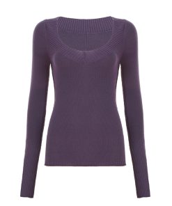 Deep V-Neck Purple Sweater - Retro Sexy Long Sleeve Knit Top for Hot Girls, Versatile Solid Color Fashion Essential