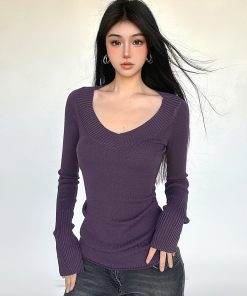 Deep V-Neck Purple Sweater - Retro Sexy Long Sleeve Knit Top for Hot Girls, Versatile Solid Color Fashion Essential