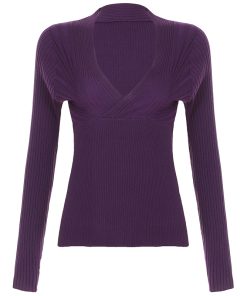 Deep V-Neck Purple Sweater - Retro Sexy Long Sleeve Knit Top for Hot Girls, Versatile Solid Color Fashion Essential
