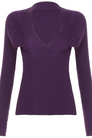 Deep V-Neck Purple Sweater - Retro Sexy Long Sleeve Knit Top for Hot Girls, Versatile Solid Color Fashion Essential