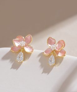 Delicate Pink Three-Dimensional Flower Stud Earrings with Water Drop Pendant - Fresh Women's Ear Accessories