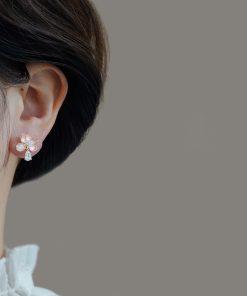 Delicate Pink Three-Dimensional Flower Stud Earrings with Water Drop Pendant - Fresh Women's Ear Accessories