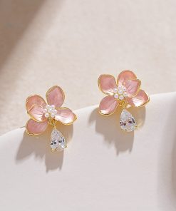 Delicate Pink Three-Dimensional Flower Stud Earrings with Water Drop Pendant - Fresh Women's Ear Accessories