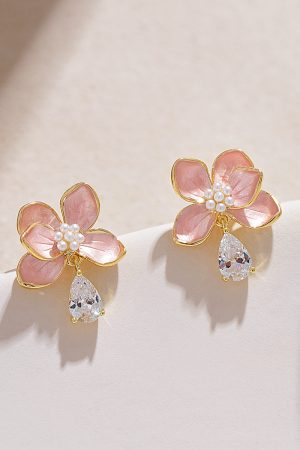 Delicate Pink Three-Dimensional Flower Stud Earrings with Water Drop Pendant - Fresh Women's Ear Accessories