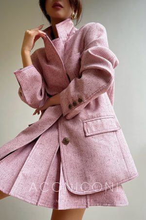 Denim Blue Pink Loose Suit Jacket and Pleated Short Skirt Set - Commuter Korean Style Fashion for Effortless Chic Looks