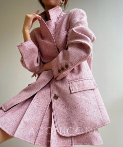 Denim Blue Pink Loose Suit Jacket and Pleated Short Skirt Set - Commuter Korean Style Fashion for Effortless Chic Looks