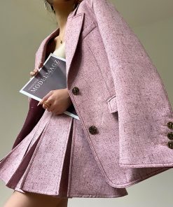 Denim Blue Pink Loose Suit Jacket and Pleated Short Skirt Set - Commuter Korean Style Fashion for Effortless Chic Looks
