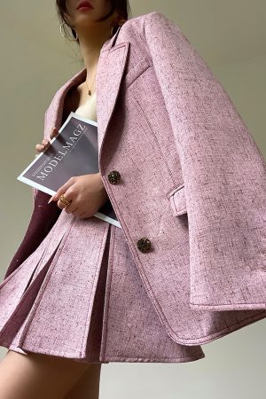 Denim Blue Pink Loose Suit Jacket and Pleated Short Skirt Set - Commuter Korean Style Fashion for Effortless Chic Looks