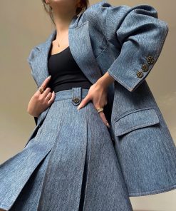 Denim Blue Pink Loose Suit Jacket and Pleated Short Skirt Set - Commuter Korean Style Fashion for Effortless Chic Looks