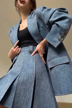 Denim Blue Pink Loose Suit Jacket and Pleated Short Skirt Set - Commuter Korean Style Fashion for Effortless Chic Looks