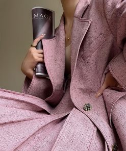 Denim Blue Pink Loose Suit Jacket and Pleated Short Skirt Set - Commuter Korean Style Fashion for Effortless Chic Looks