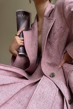 Denim Blue Pink Loose Suit Jacket and Pleated Short Skirt Set - Commuter Korean Style Fashion for Effortless Chic Looks