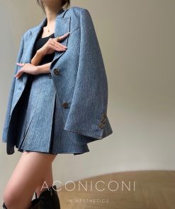 Denim Blue Pink Loose Suit Jacket and Pleated Short Skirt Set - Commuter Korean Style Fashion for Effortless Chic Looks