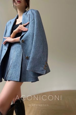 Denim Blue Pink Loose Suit Jacket and Pleated Short Skirt Set - Commuter Korean Style Fashion for Effortless Chic Looks