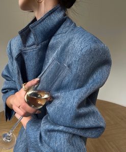 Denim Blue Pink Loose Suit Jacket and Pleated Short Skirt Set - Commuter Korean Style Fashion for Effortless Chic Looks