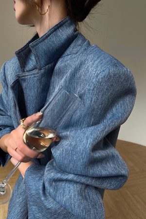 Denim Blue Pink Loose Suit Jacket and Pleated Short Skirt Set - Commuter Korean Style Fashion for Effortless Chic Looks