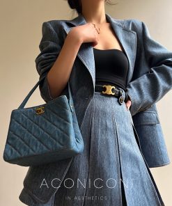 Denim Blue Pink Loose Suit Jacket and Pleated Short Skirt Set - Commuter Korean Style Fashion for Effortless Chic Looks