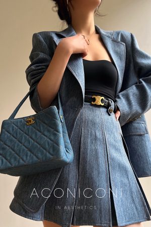 Denim Blue Pink Loose Suit Jacket and Pleated Short Skirt Set - Commuter Korean Style Fashion for Effortless Chic Looks