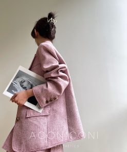 Denim Blue Pink Loose Suit Jacket and Pleated Short Skirt Set - Commuter Korean Style Fashion for Effortless Chic Looks