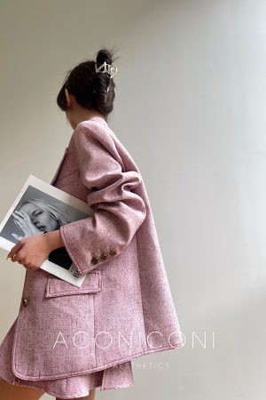 Denim Blue Pink Loose Suit Jacket and Pleated Short Skirt Set - Commuter Korean Style Fashion for Effortless Chic Looks