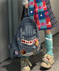 Denim Y2K Dog-Themed Backpack - Unique Personality Bookbag for Commuters - Playful Millennial School Bag