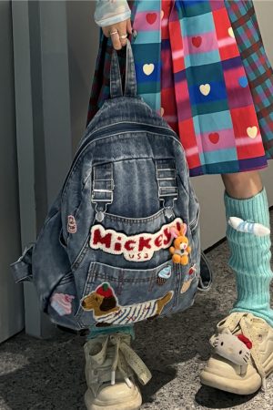 Denim Y2K Dog-Themed Backpack - Unique Personality Bookbag for Commuters - Playful Millennial School Bag