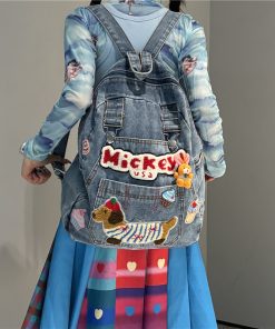 Denim Y2K Dog-Themed Backpack - Unique Personality Bookbag for Commuters - Playful Millennial School Bag
