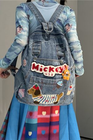 Denim Y2K Dog-Themed Backpack - Unique Personality Bookbag for Commuters - Playful Millennial School Bag