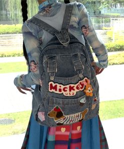 Denim Y2K Dog-Themed Backpack - Unique Personality Bookbag for Commuters - Playful Millennial School Bag