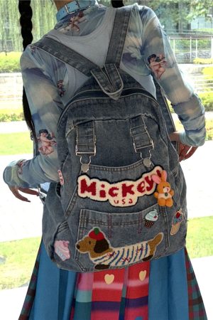 Denim Y2K Dog-Themed Backpack - Unique Personality Bookbag for Commuters - Playful Millennial School Bag