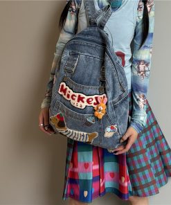 Denim Y2K Dog-Themed Backpack - Unique Personality Bookbag for Commuters - Playful Millennial School Bag