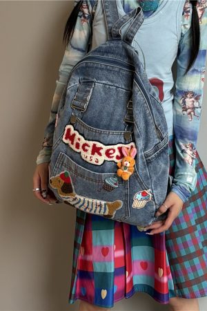 Denim Y2K Dog-Themed Backpack - Unique Personality Bookbag for Commuters - Playful Millennial School Bag