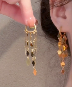 Diamond-Shaped Sequined Tassel Ear Clips - 2025 European American Style Long Earrings, Light Luxury High-End Accessories