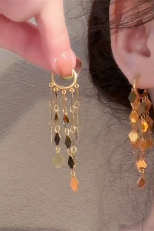 Diamond-Shaped Sequined Tassel Ear Clips - 2025 European American Style Long Earrings, Light Luxury High-End Accessories