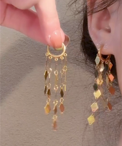 Diamond-Shaped Sequined Tassel Ear Clips - 2025 European American Style Long Earrings, Light Luxury High-End Accessories