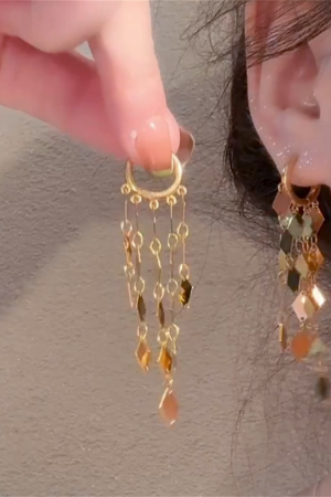 Diamond-Shaped Sequined Tassel Ear Clips - 2025 European American Style Long Earrings, Light Luxury High-End Accessories