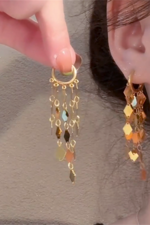 Diamond-Shaped Sequined Tassel Ear Clips - 2025 European American Style Long Earrings, Light Luxury High-End Accessories