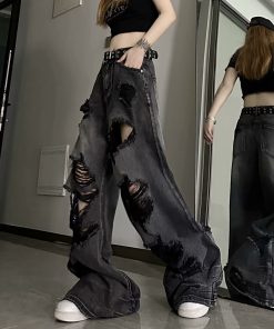 Distressed Baggy Men's Summer Streetwear Jeans - Loose Wide-Leg Straight-Leg Trousers for a Trendy High Street Look